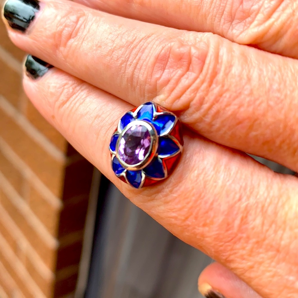 Sterling silver, purple gem, and enamel earrings.